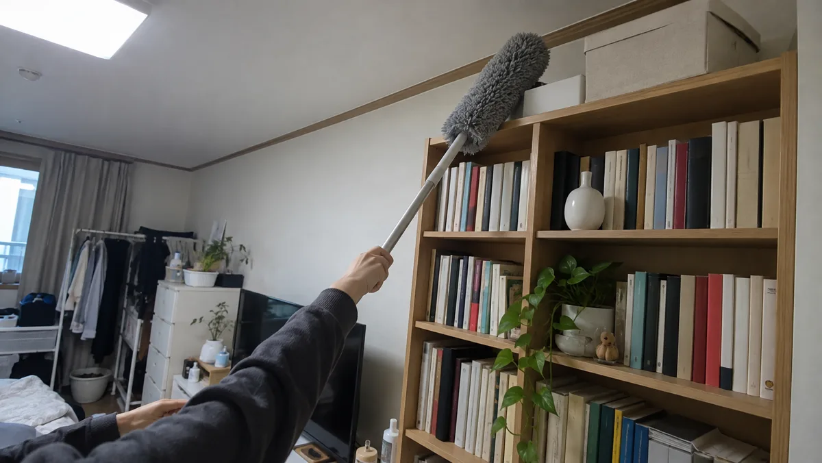 길이를 늘린 먼지털이로 책장 위나 선반 윗면까지 한 번에 털 수 있어요