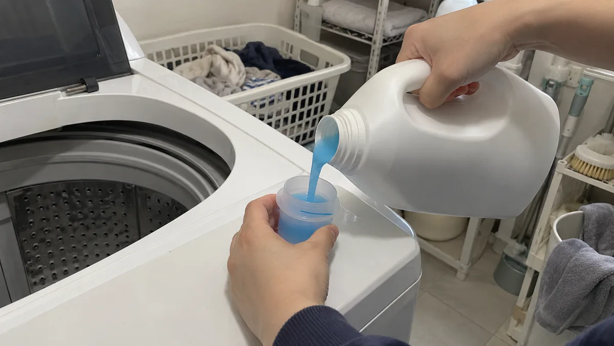 세제는 컵 눈금대로 정량만 넣어야 찌꺼기가 남지 않아요